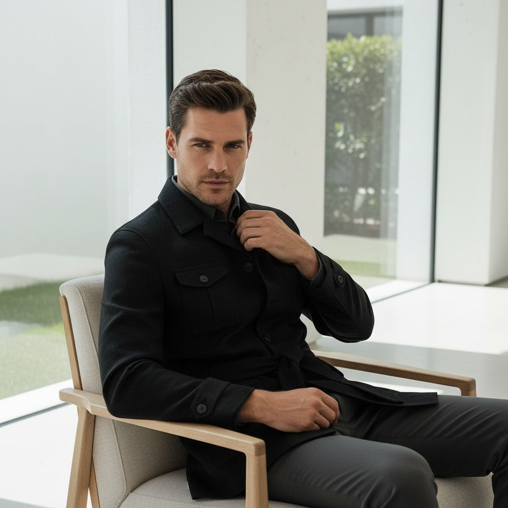 Black Safari Jacket Mens - Black - Side Profile