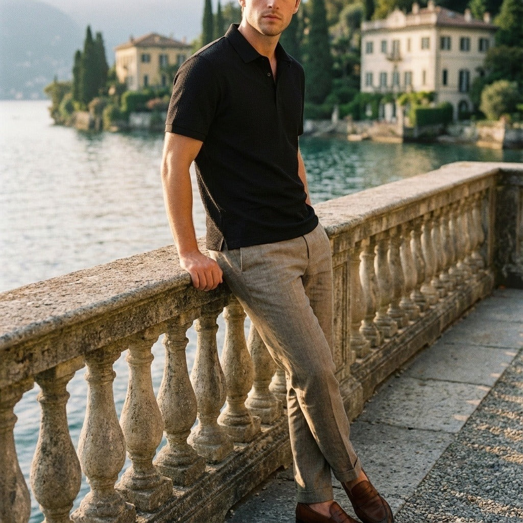 Black Short Sleeve Polo Shirt - Black - Angled Shot