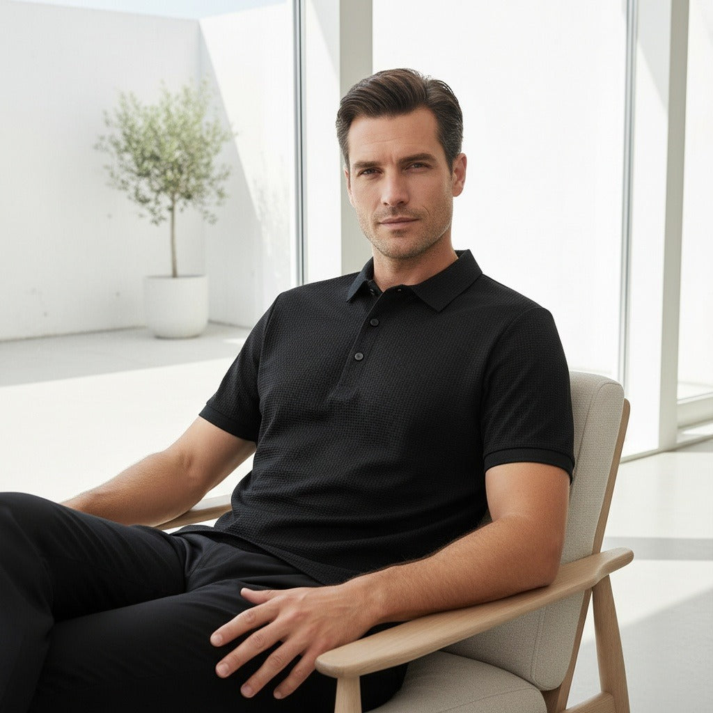 Black Short Sleeve Polo Shirt - Black - Side Profile