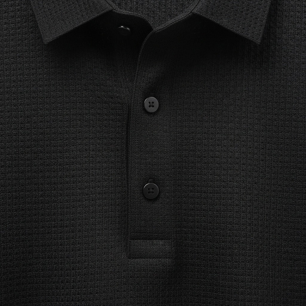 Black Short Sleeve Polo Shirt - Black - Texture Close Up