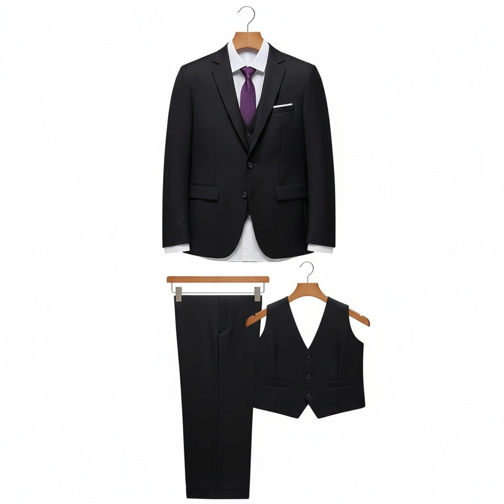 Black Three Piece Suit - Black - Front View