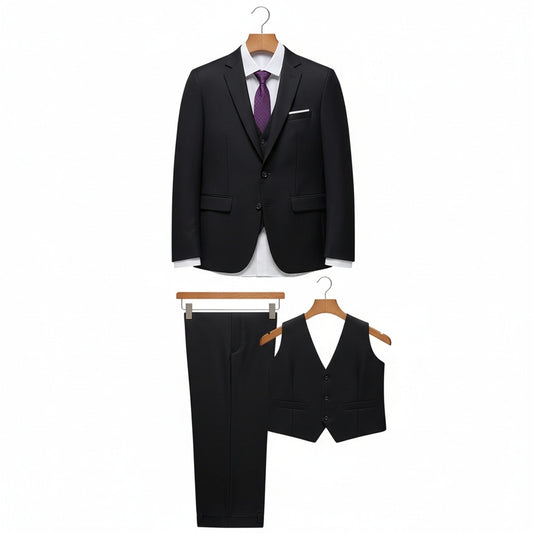 Black Three Piece Suit - Black - Front View