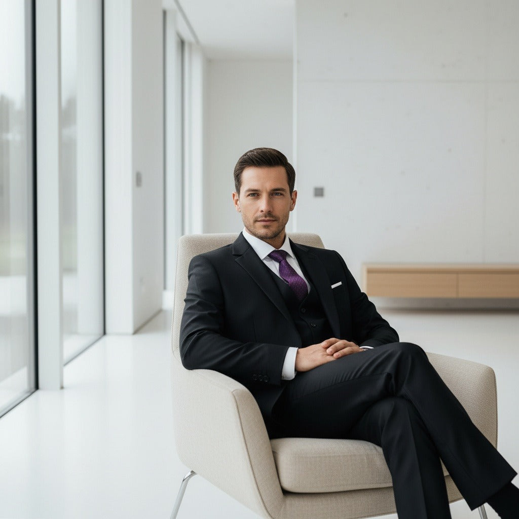 Black Three Piece Suit - Black - Side Profile