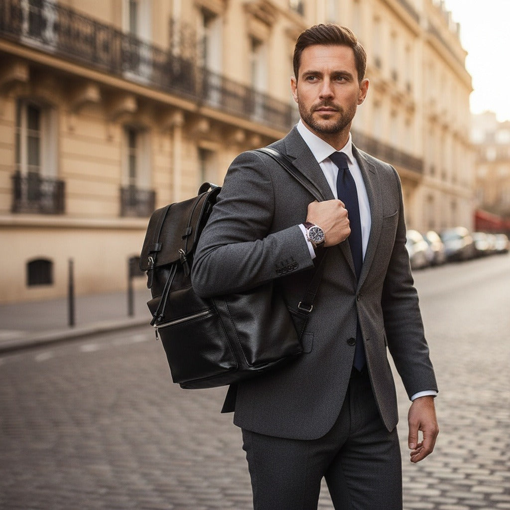 Black Travel Backpack Men's - Black - Angled Shot