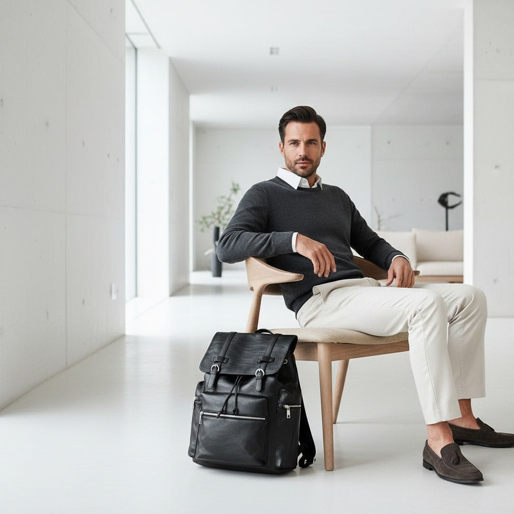 Black Travel Backpack Men's - Black - Side Profile