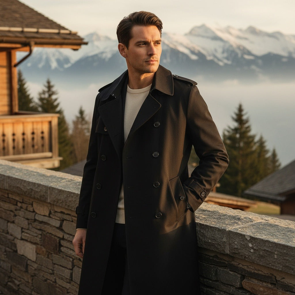 Black Trench Coat Men - Black - Angled Shot