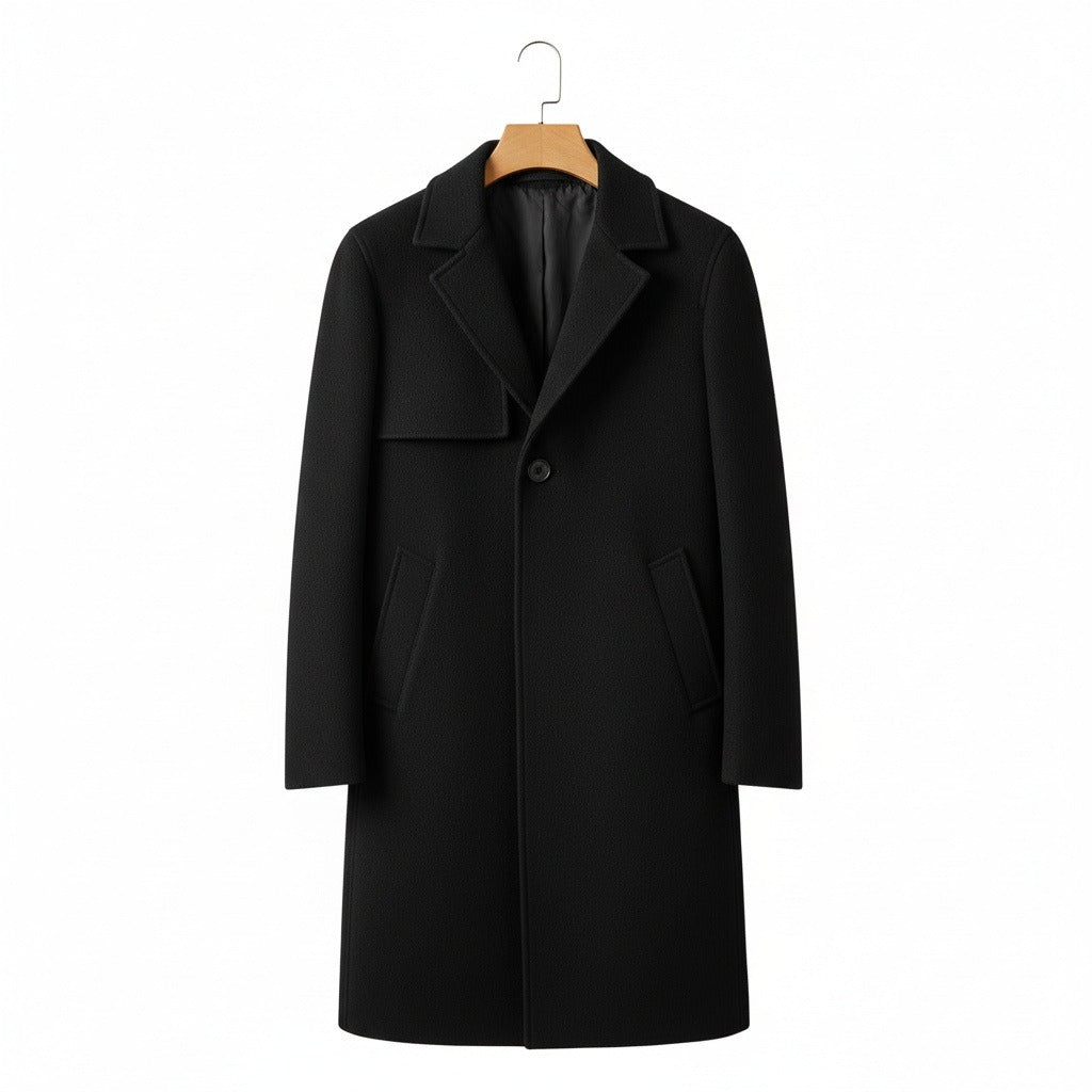 Black Wool Trench Coat Mens - Black - Front View