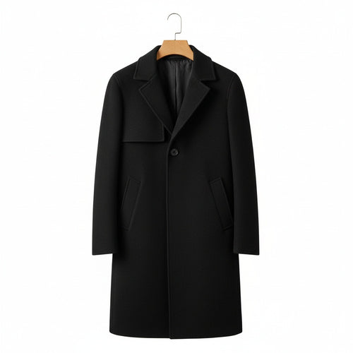 Black Wool Trench Coat Mens - Black - Front View