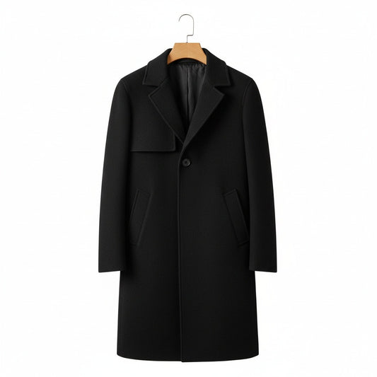 Black Wool Trench Coat Mens - Black - Front View