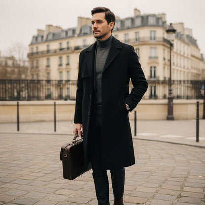 Black Wool Trench Coat Mens - Black - Angled Shot