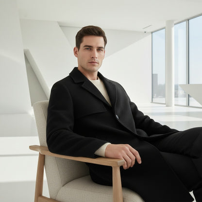 Black Wool Trench Coat Mens - Black - Side Profile