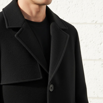 Black Wool Trench Coat Mens - Black - Back View