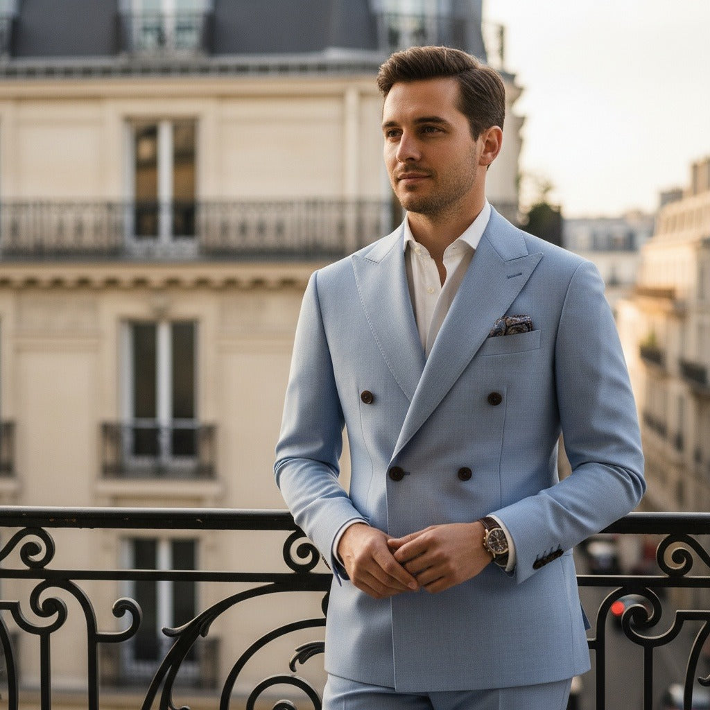 Blue Double Breasted Suit - Blue - Angled Shot