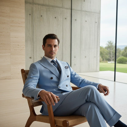 Blue Double Breasted Suit - Blue - Side Profile