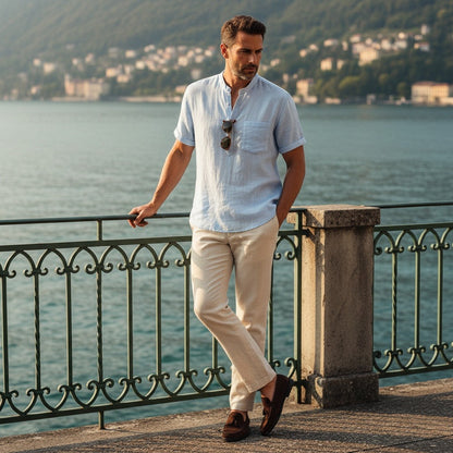 Blue Linen T Shirt - Blue - Angled Shot