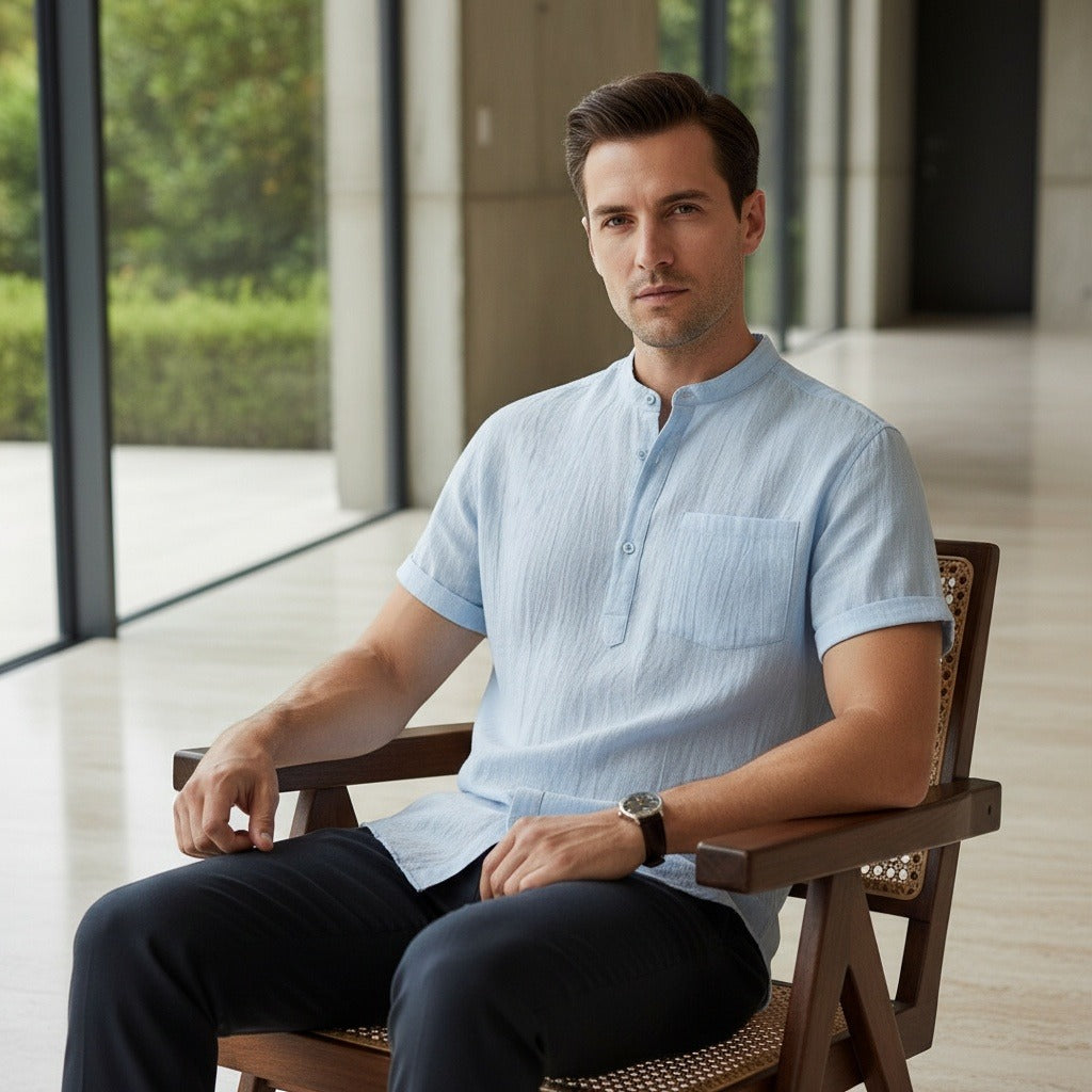 Blue Linen T Shirt - Blue - Side Profile