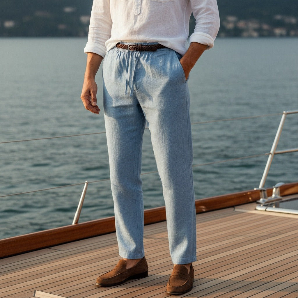 Blue Linen Trousers Mens - Blue - Angled Shot
