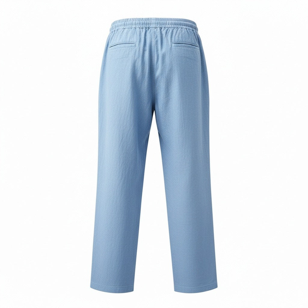 Blue Linen Trousers Mens - Blue - Fabric Detail