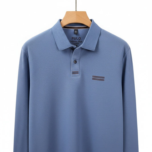 Blue Long Sleeve Polo Shirt - Blue - Front View