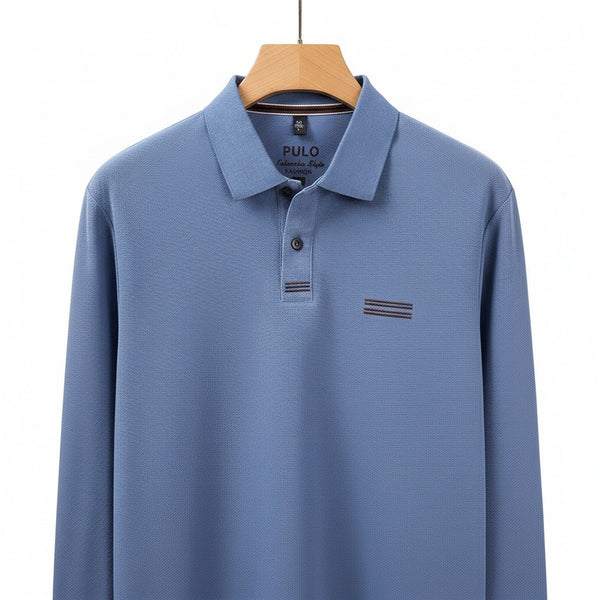 Blue Long Sleeve Polo Shirt - Blue - Front View