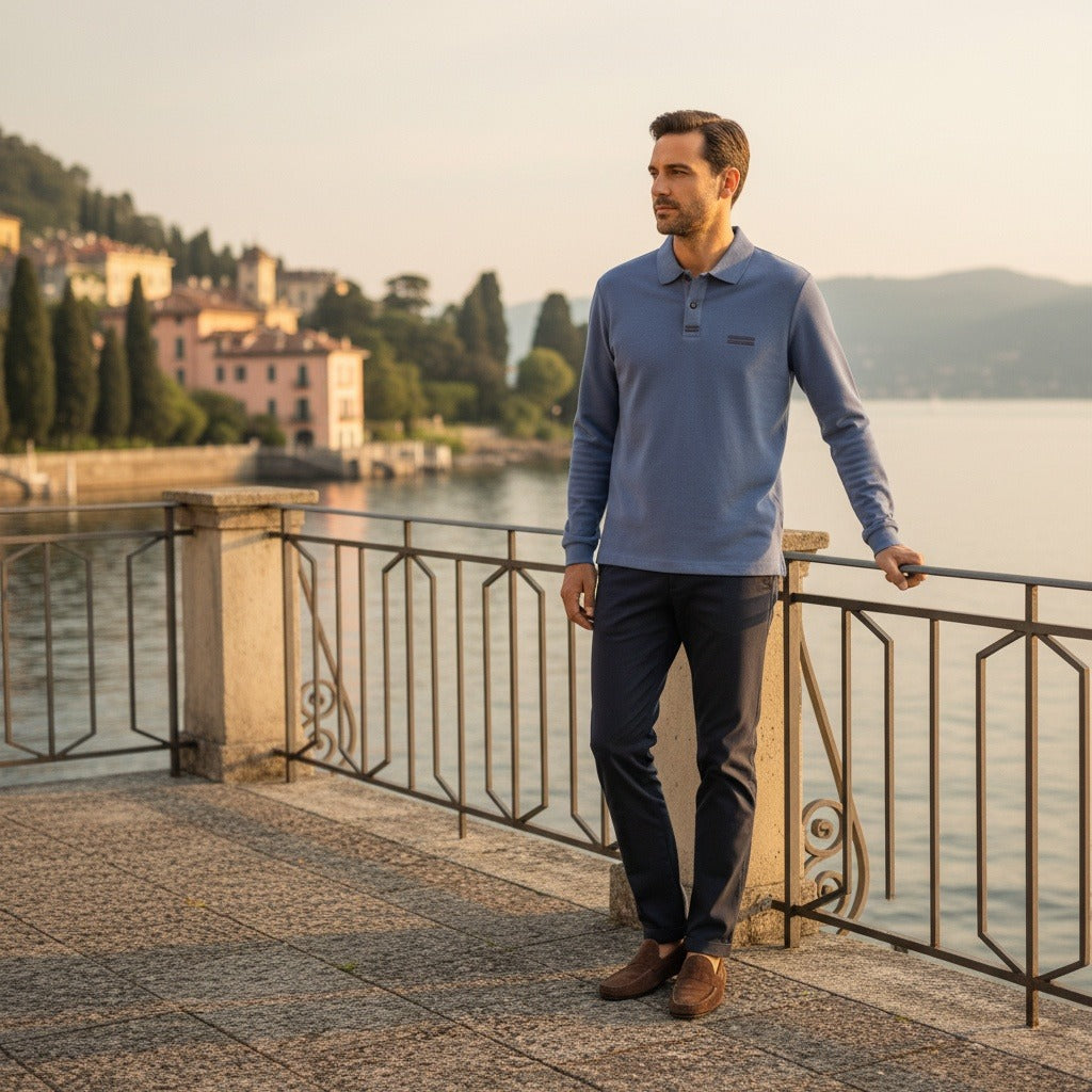 Blue Long Sleeve Polo Shirt - Blue - Angled Shot
