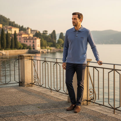 Blue Long Sleeve Polo Shirt - Blue - Angled Shot