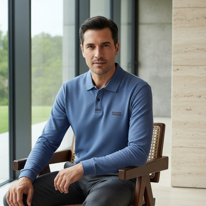 Blue Long Sleeve Polo Shirt - Blue - Side Profile