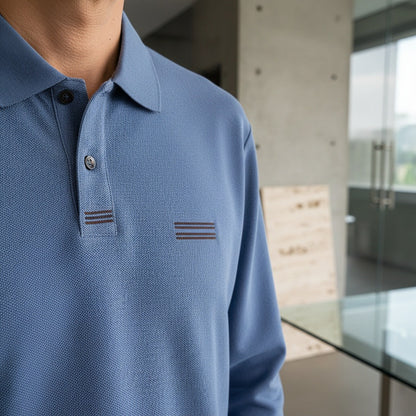 Blue Long Sleeve Polo Shirt - Blue - Back View