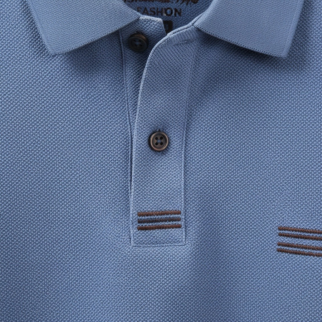 Blue Long Sleeve Polo Shirt - Blue - Texture Close Up