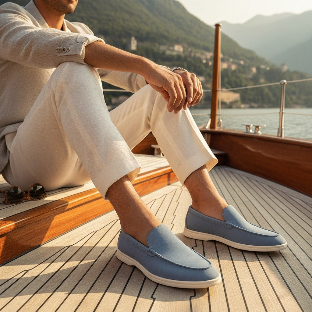 Blue Suede Loafers Men - Blue - Angled Shot
