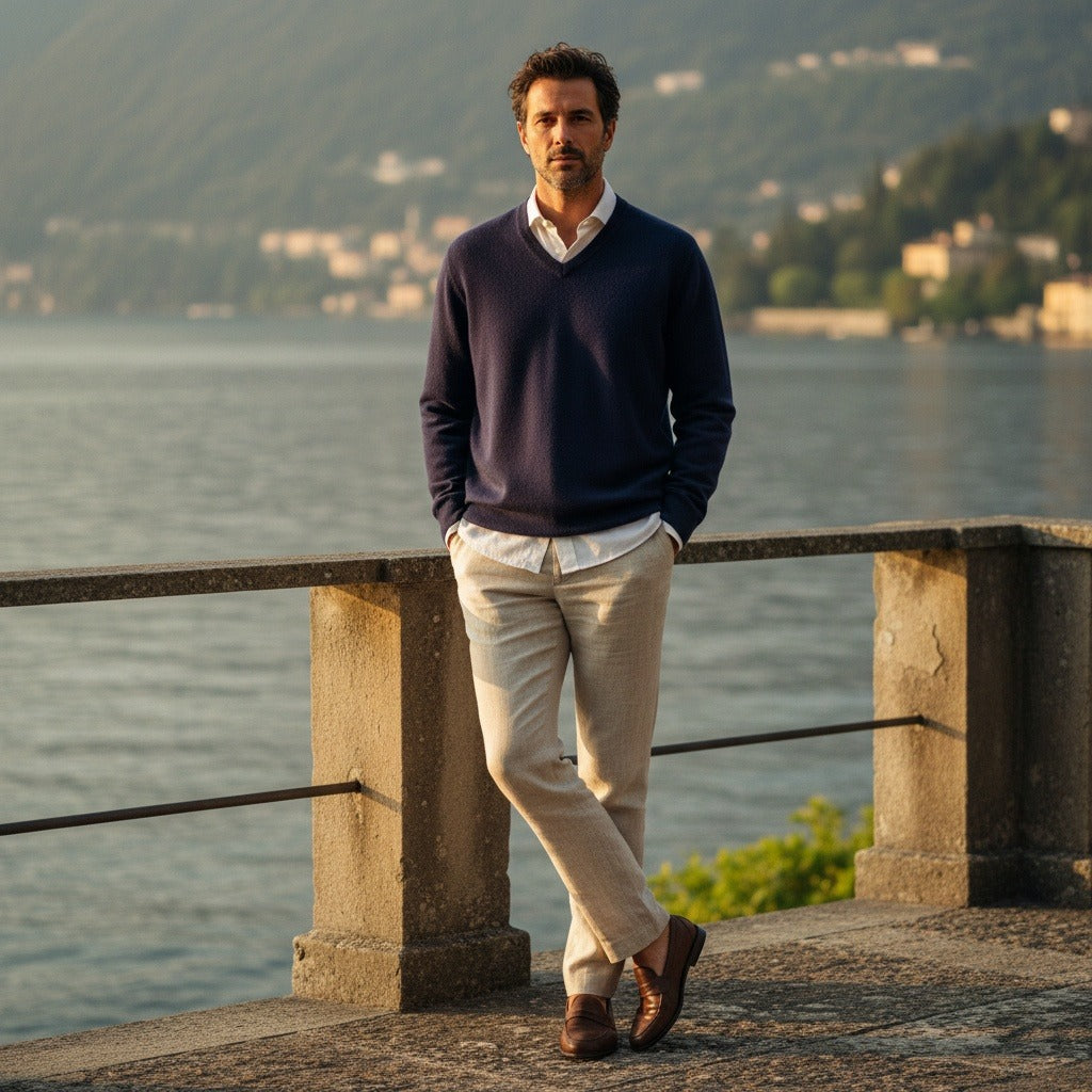 Blue V Neck Sweater Mens - Blue - Angled Shot