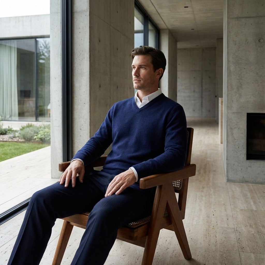 Blue V Neck Sweater Mens - Blue - Side Profile