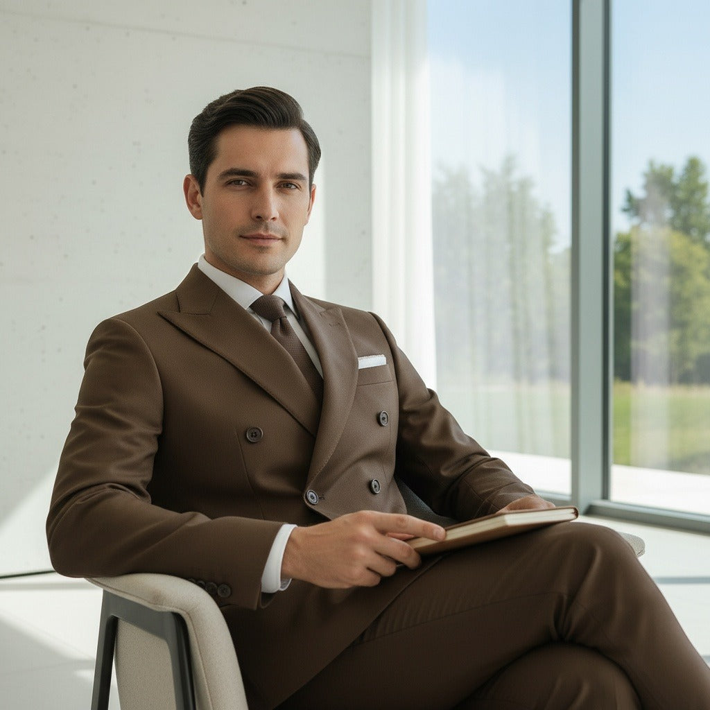 Brown Double Breasted Suit - Brown - Side Profile