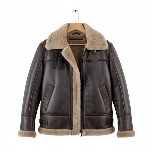 Brown Leather Aviator Jacket - Brown - Front View