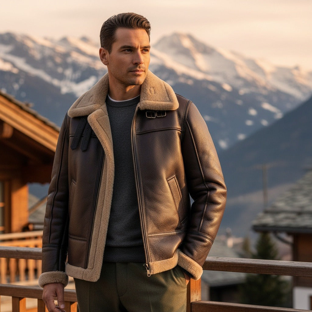 Brown Leather Aviator Jacket - Brown - Angled Shot