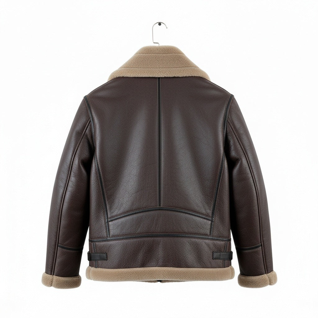 Brown Leather Aviator Jacket - Brown - Fabric Detail