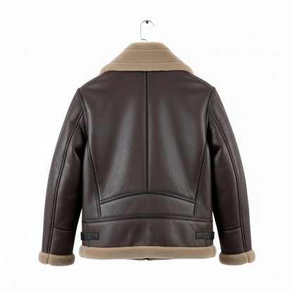Brown Leather Aviator Jacket - Brown - Fabric Detail
