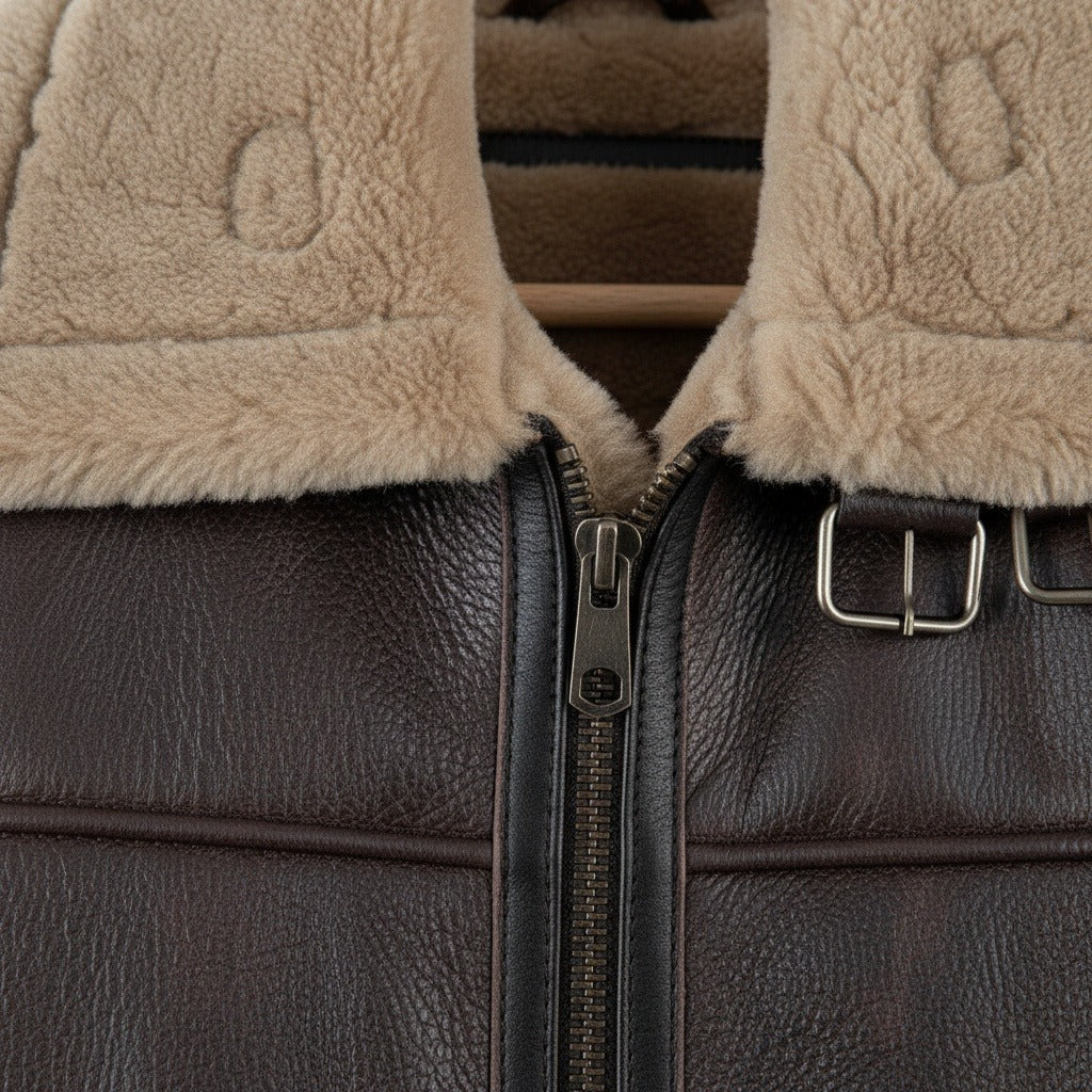 Brown Leather Aviator Jacket - Brown - Texture Close Up