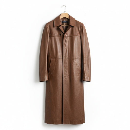 Brown Leather Trench Coat for Men - Brown - Front View