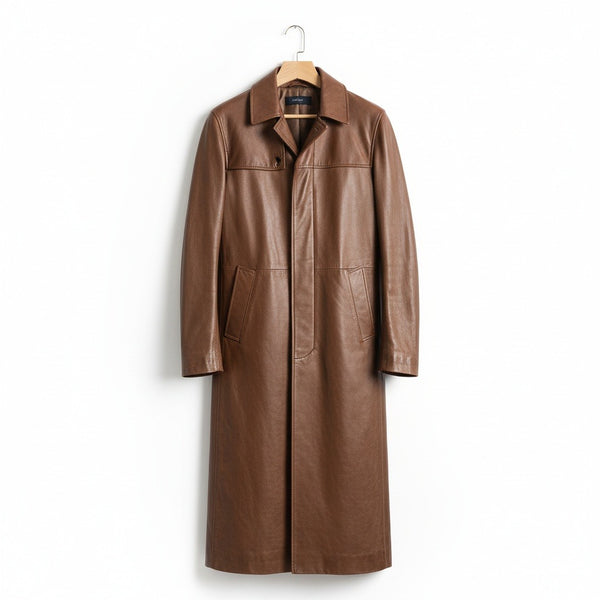 Brown Leather Trench Coat for Men - Brown - Front View