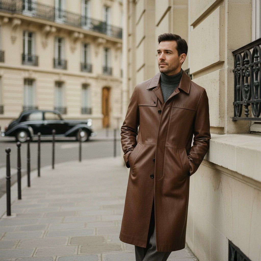 Brown Leather Trench Coat for Men - Brown - Angled Shot