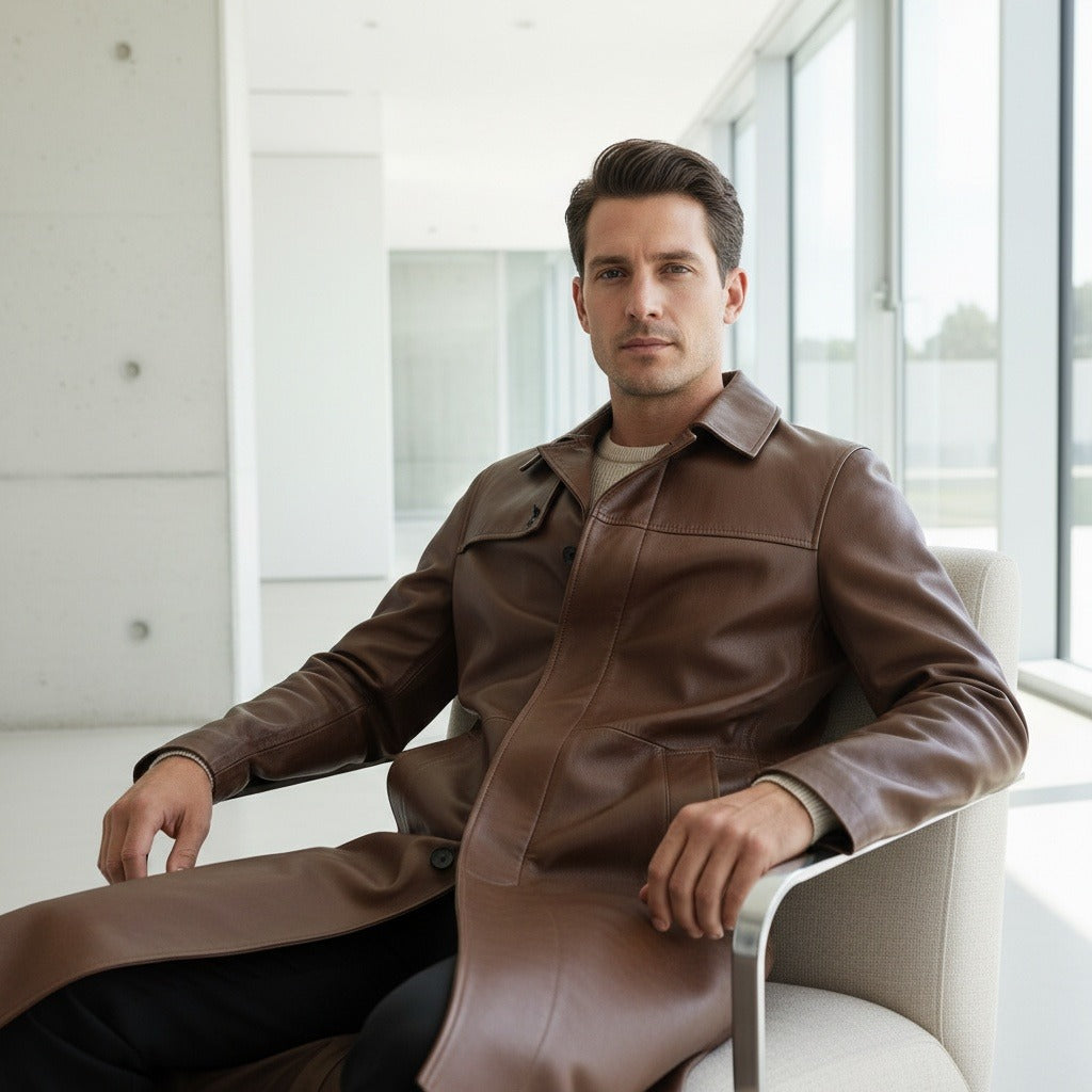 Brown Leather Trench Coat for Men - Brown - Side Profile