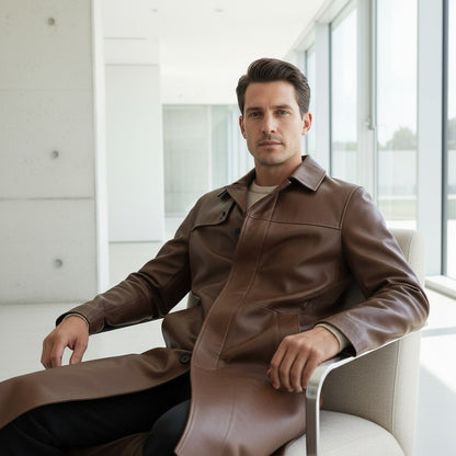 Brown Leather Trench Coat for Men - Brown - Side Profile