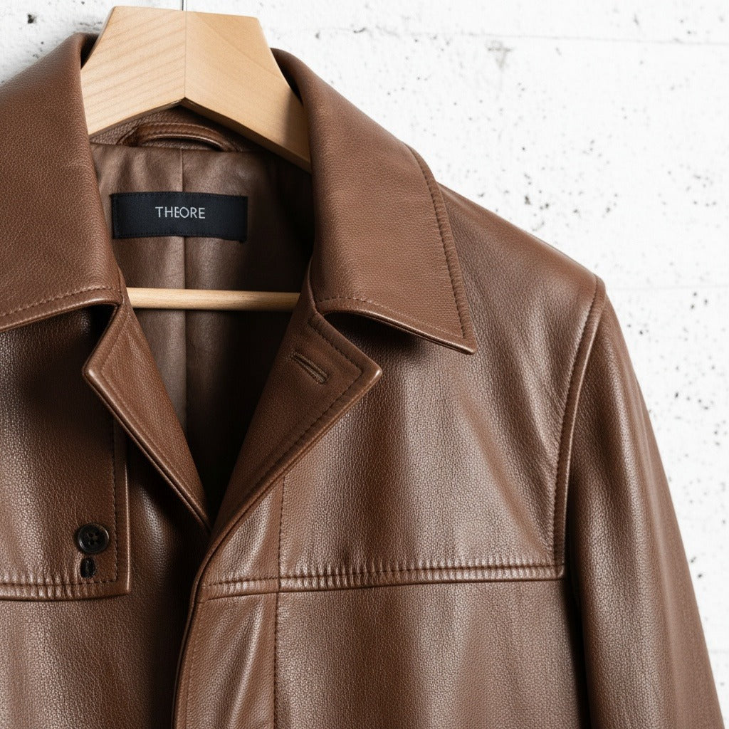 Brown Leather Trench Coat for Men - Brown - Back View