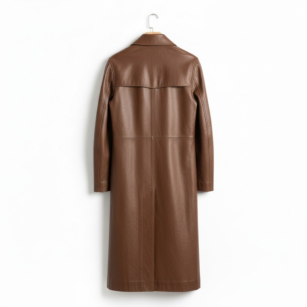 Brown Leather Trench Coat for Men - Brown - Fabric Detail