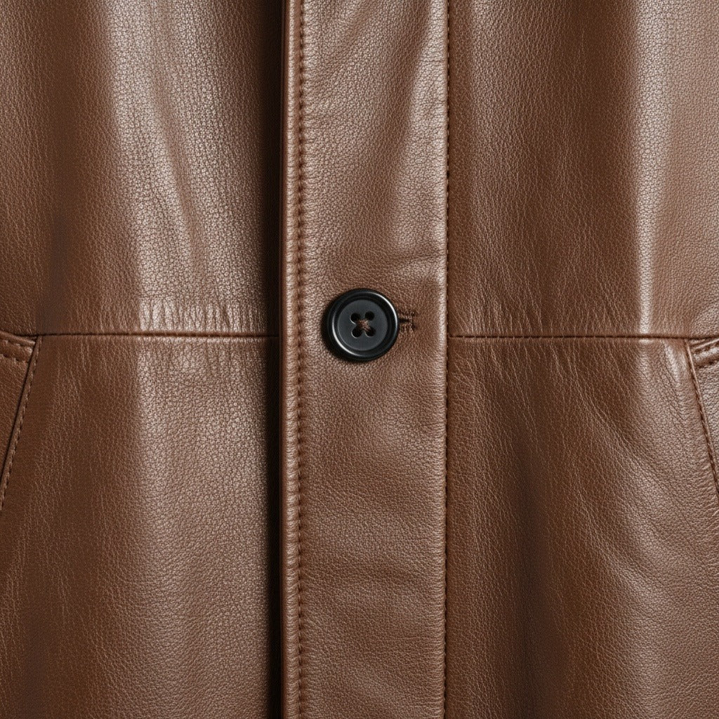 Brown Leather Trench Coat for Men - Brown - Texture Close Up