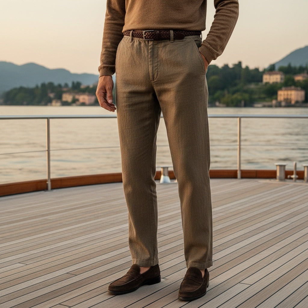 Brown Linen Trousers Mens - Brown - Angled Shot