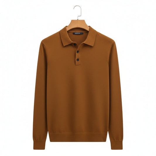 Brown Long Sleeve Polo Shirt - Brown - Front View