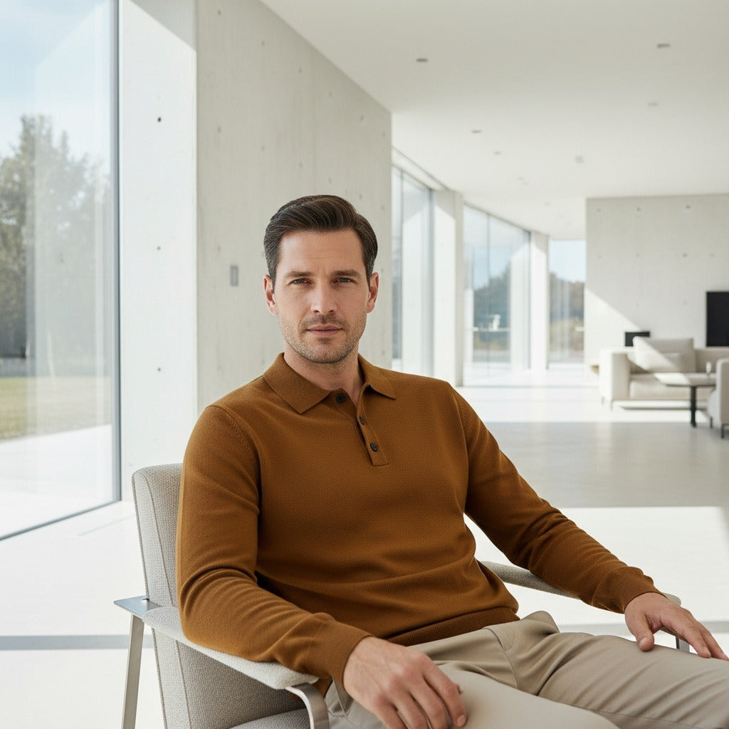 Brown Long Sleeve Polo Shirt - Brown - Side Profile