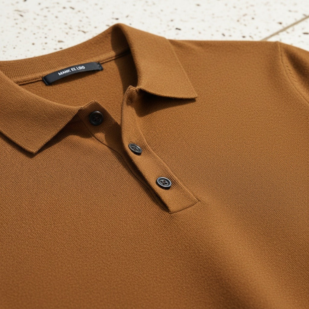 Brown Long Sleeve Polo Shirt - Brown - Back View